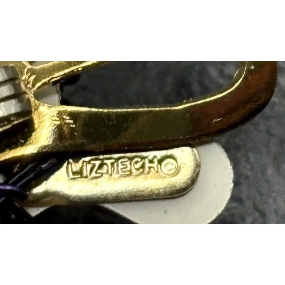 LizTech Dragonfly Brooch Pin Gold Tone Enamel Purple White Beads